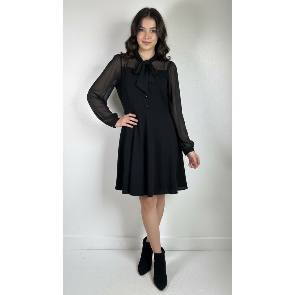 Hell Bunny Black Gothic Mock Neck Bow Long Sleeve Flare Dress Size L NWT